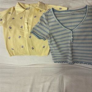 Yellow Floral Polo Crop Top & Blue Stripe Henley Crop Top
